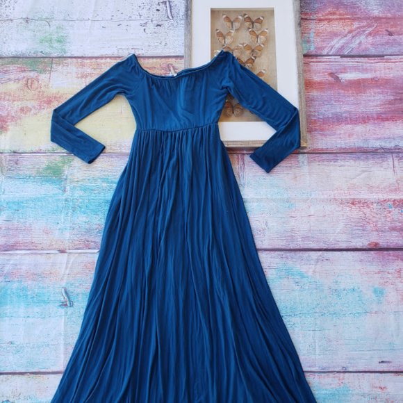 Pinkblush Turquoise Off Shoulder Long Sleeve Jersey Maternity Maxi Dress Medium - Picture 5 of 9